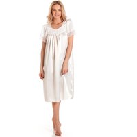 Lady Olga Women's British Made Short Sleeved Satin Nightdress With Lace Detail in Ivory | Size: 10-12