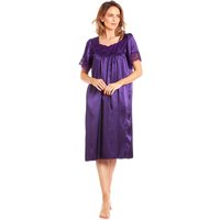 Lady Olga Women's British Made Short Sleeved Satin Nightdress With Lace Detail in Purple | Size: 14-16
