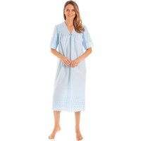 Lady Olga Women's British Made Embroidery Anglaise Cotton Mix V Neck Nightdress in Blue | Size: 10-12