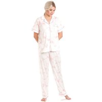 Lady Olga Women's Floral Short Sleeved Button Top Cotton Jersey Long Trouser Pyjama Set in Pink | Size: 10-12