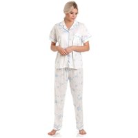 Lady Olga Women's Floral Short Sleeved Button Top Cotton Jersey Long Trouser Pyjama Set in Blue | Size: 10-12