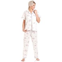 Lady Olga Women's Floral Short Sleeved Button Top Cotton Jersey Long Trouser Pyjama Set in Lilac | Size: 10-12