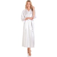 Lady Olga Women's English Made Long Satin Dressing Gown With Lace Detail in White | Size: 8-10