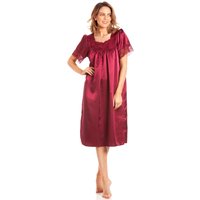 Lady Olga Women's British Made Short Sleeved Satin Nightdress With Lace Detail in Burgundy | Size: 14-16
