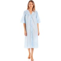 Lady Olga Women's British Made Embroidery Anglaise Button Front Cotton Mix Nightdress in Blue | Size: 22-24