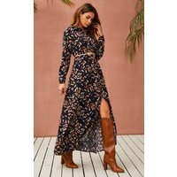 FS Collection Women's Leaf Print Black Shirt Dress With Tie Waist & Free Gold Stretch Leaf Belt | Size: 12-14