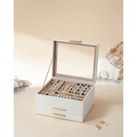 SONGMICS Three Layer Jewellery Box with Glass Lid & Drawers in White