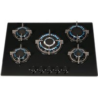 SIA 70cm Black 5 Burner Gas On Glass Hob With Cast Iron Pan Stands- GHG703BL