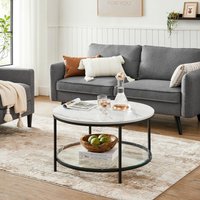 VASAGLE Large Round Faux Marble Coffee Table with Tempered Glass Shelf in White