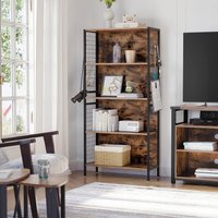 VASAGLE 5 Tier Book Shelf with Hooks for Living Room or Study in Brown