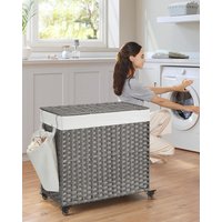 SONGMICS Woven Laundry Basket with Wheels 3 Compartments Removable Bag in Grey