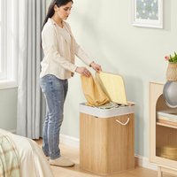 SONGMICS Medium Bamboo Laundry Basket Foldable Machine Washable Liner Bag in Natural