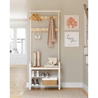 VASAGLE Coat Rack with Shoe Bench Hooks & Clothes Rail in White