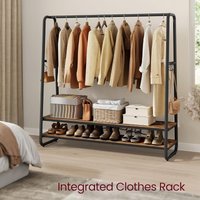 VASAGLE Bedroom Garment Rack Shelves Steel Rail Hooks Wardrobe Storage in Brown