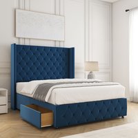 BSSPOKE Ruby Divan Bed Plush Velvet 54"Headboard & 2Drawers Footend Mattress in Blue | Size: Double