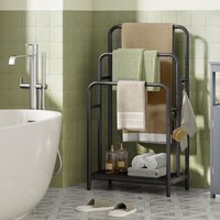 SONGMICS Compact 3-Bar Freestanding Towel Rack 2 Hooks Storage Shelf in Black
