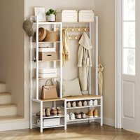 VASAGLE Hall Tree with Bench Shoe Storage & Multiple Hooks in White