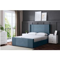 DS Living Elara Winged Metallic Blue Panel Bed with Headboard | Size: Small Double