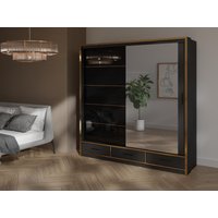 RAC3 205cm Mirror Sliding Wardrobe with Drawers, LED & Gold Strips in Black