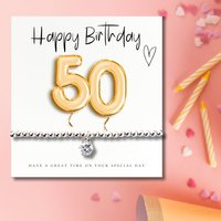 50th Birthday Cubic Zirconia Silver Bracelet & Balloons Card inches