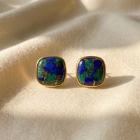 Harfi Women's 18ct Gold Vermeil Plated Azurite & Malachite Gemstone Stud Earrings