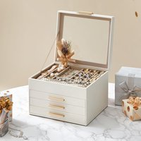 SONGMICS Four Layer Jewellery Box with Glass Lid & Drawers in White