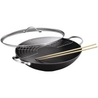 Kuhn Rikon Jampur Cast Iron Induction Wok with Dual Handles, Glass Lid & Chop Sticks, 36cm in Black