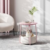 VASAGLE Round Side Table Charging Station Power Outlets USB Fabric Basket in Pale Pink