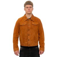 Infinity Leather Men's Goat Suede Leather Trucker Jacket-Taraz in Tan | Size: 4XL