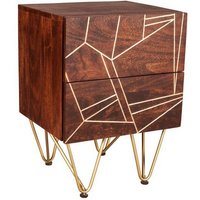 Indian Hub Dark Gold 2 Drawer Side Table - Solid Mango Wood - L40 x W45 x H60 cm in Brown