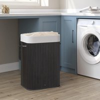 SONGMICS Medium Bamboo Foldable Laundry Basket with Lid Removable Washable Bag in Black