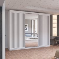 MN Furniture Reno 3 Sliding Door Wardrobe with Mirror & LED Light Oak 250x217cm in White | Size: 250x217 cm