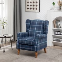 FURNITURE ONE Retro Accent Chair, Soft Padded Fabric Wingback Tartan Armchair in Blue | Size: 1 Pack
