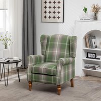 FURNITURE ONE Retro Accent Chair, Soft Padded Fabric Wingback Tartan Armchair in Green | Size: 1 Pack