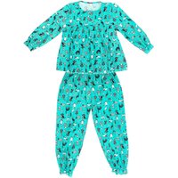 Fox In A Box Girl's Crazy Cat Cotton Trouser Pyjama Set in Aqua | Size: 4-5 Years