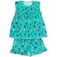 Fox In A Box Girl's Crazy Cat Cotton Short Pyjama Set Aqua | Size: 10-11 Years