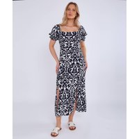 Puff Sleeves Split Viscose Midi Dress