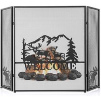 Costway 132 x 79 cm Fireplace Screen 3-Panel Folding Spark Guard w/ Natural Scenery & Moose Pattern in Black