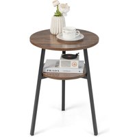 Costway Round End Table 2 Tier Bedside Table With Open Storage Shelf & Metal Frame in Brown