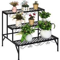 Costway 3 Tier Steel Plant Stand Ladder Flower Pot Storage Rack Plant Display Organizer in Black