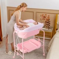 Costway Baby Changing Table Folding Infant Diaper Changing Nursery Station With Bathtub in Pink