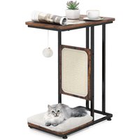 Costway C-Shaped Cat Side Table Modern Cat Tree & End Table w/ Removable Cushion in Brown