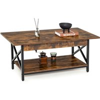Costway 2-Tier Industrial Coffee Table Home Cocktail Tea Side Table with Storage Shelf in Brown
