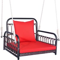 Costway Hanging Porch Swing Chair Rattan Woven Rocking Chair w/ Cushion & Rope in Red