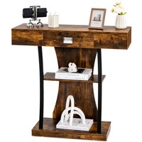 Costway T-Shaped Industrial Console Table Narrow Sofa Side Table Entryway Display Shlves in Brown