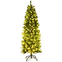 Costway 6FT Pre-Lit Artificial Christmas Tree Hinged Pencil XmasTree in Green