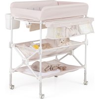 Costway Portable Baby Changing Table Height Adjustable w/ Wheels-Pink in Pink