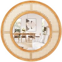 Costway Rattan Round Wall Mirror 65 cm Wooden Framed Mirror in Natural