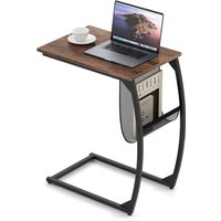 Costway C-Shaped Side Table Compact Sofa Side Table with Mesh Bag in Brown