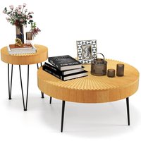Costway 2PCS Round Nesting Tables Boho Farmhouse Accent Coffee Tables w/Adjustable Foot in Natural